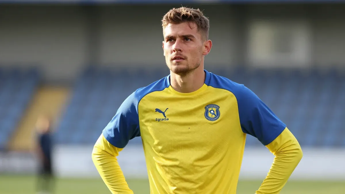 A midfield player in his late 20s, dressed in a plain yellow and blue Lillestrøm SK training top, stands pitchside at...