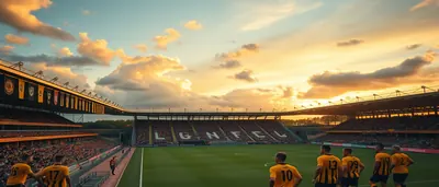 A sun-lit training ground at dusk, two anonymous young footballers in plain yellow and black kits sprinting across...