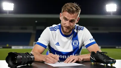 A 30-year-old, 5'10" Norwegian footballer with short brown hair and a scruffy beard, wearing a Lillestrøm SK jersey with...