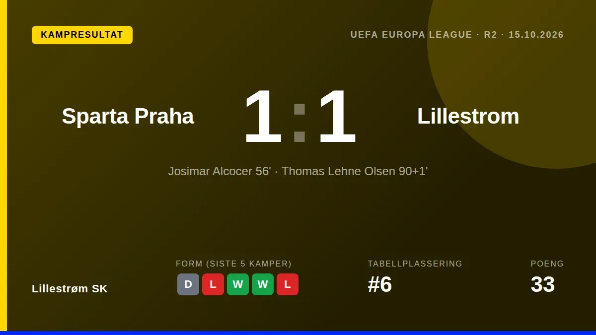 Thomas Lehne Olsen scoret i det 91. minutt da Lillestrøm SK tok sitt første poeng i Europa League med 1-1 mot Sparta Praha